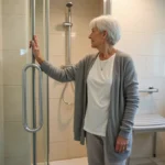 Femme senior dans une salle de bain rénovée avec barre d'appui et douche à l'italienne adaptée au maintien à domicile