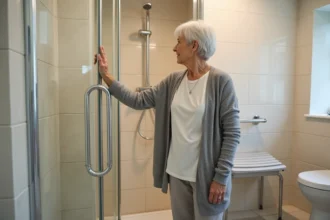 Femme senior dans une salle de bain rénovée avec barre d'appui et douche à l'italienne adaptée au maintien à domicile