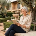 Résidente senior souriante dans le jardin calme d'une résidence seniors à Nîmes, entourée de végétation méditerranéenne