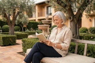 Résidente senior souriante dans le jardin calme d'une résidence seniors à Nîmes, entourée de végétation méditerranéenne