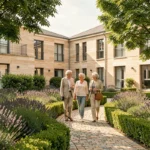 Résidence senior en Maine-et-Loire avec jardin paysager et deux personnes âgées se promenant dans une cour intérieure apaisante