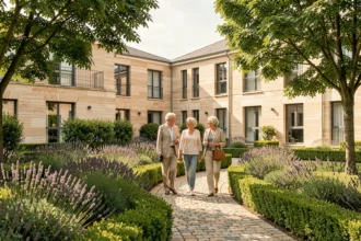 Résidence senior en Maine-et-Loire avec jardin paysager et deux personnes âgées se promenant dans une cour intérieure apaisante