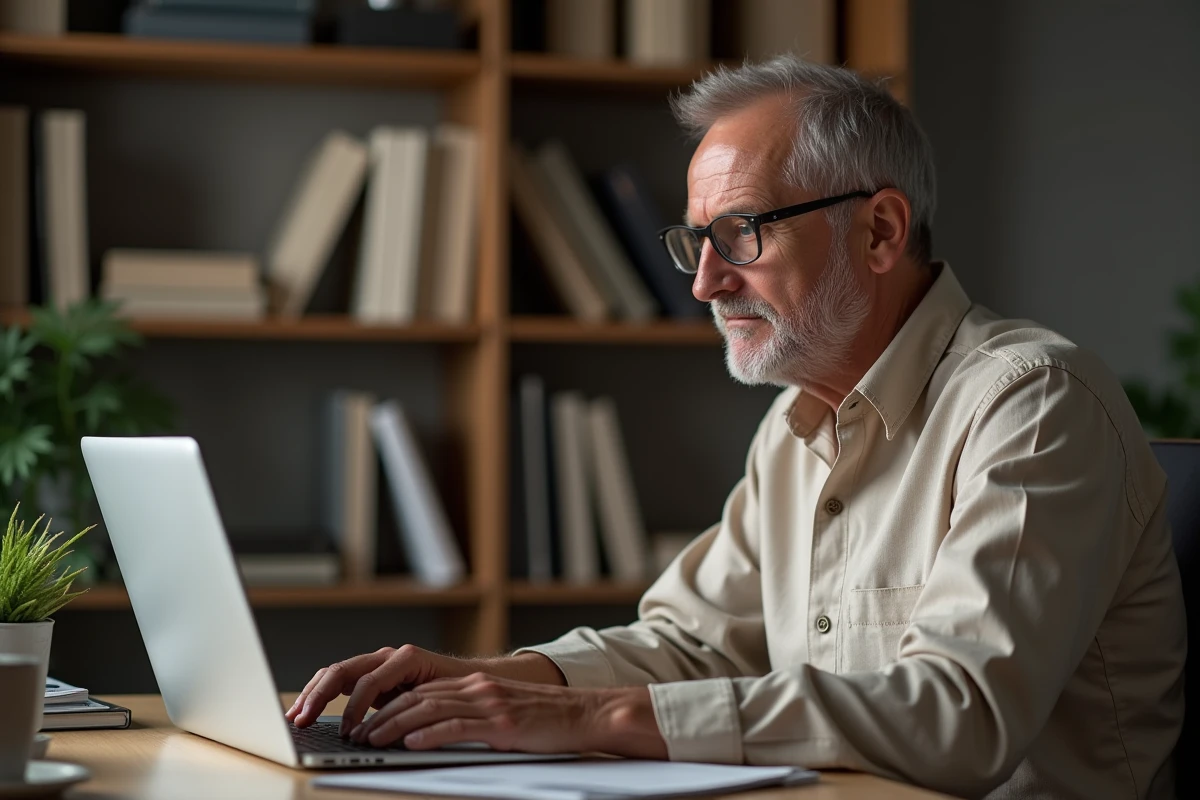 Retraité remplissant sa déclaration d'impôts en ligne depuis son bureau à domicile, en lien avec l'abattement fiscal de 10%