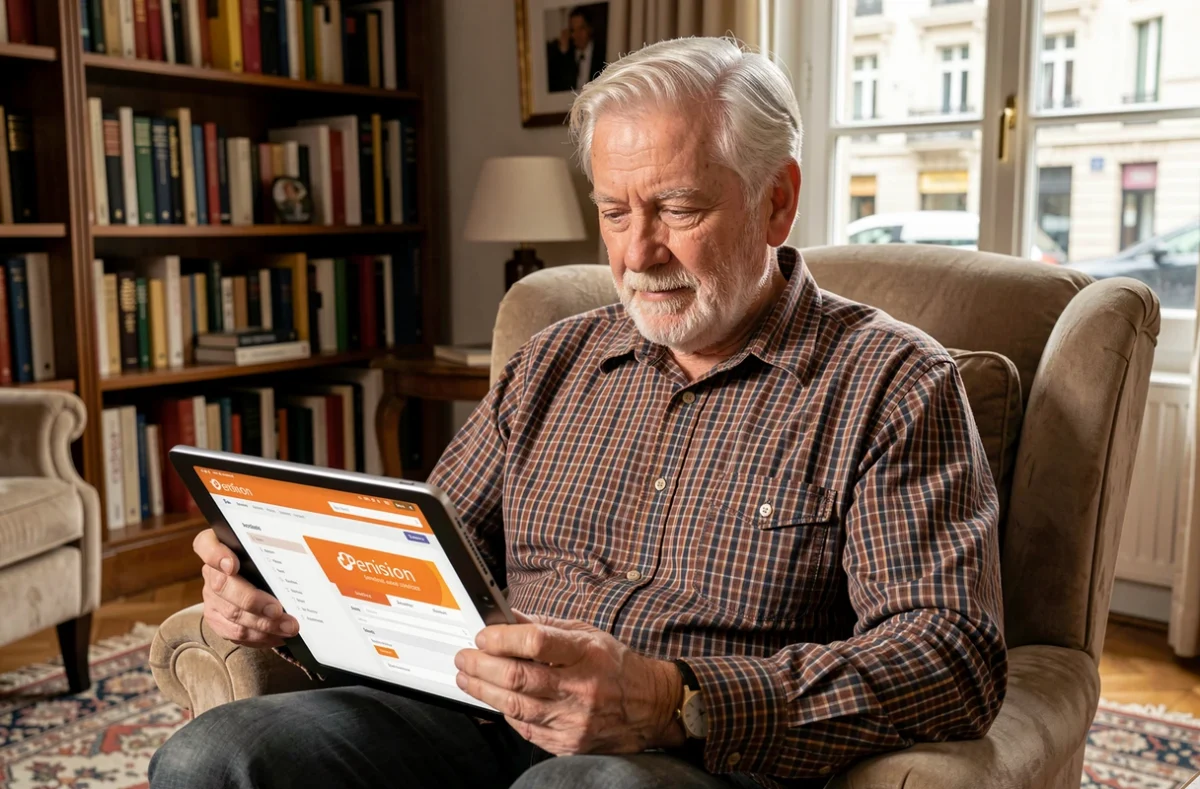 Homme retraité naviguant sur le portail kiosque Orange retraités depuis sa tablette dans son salon