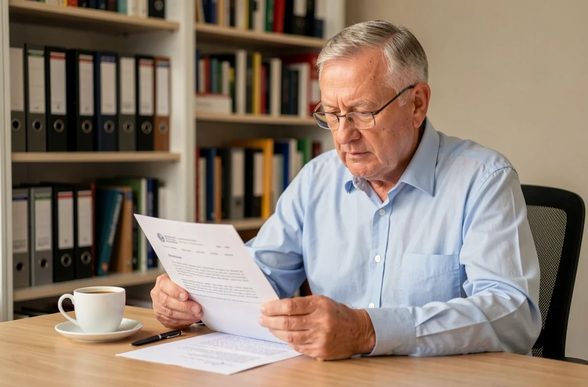 Retraité lisant son relevé de pension Agirc-Arrco réformé dans son bureau à domicile