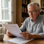 Retraité français examinant des documents fiscaux à la table de cuisine, illustrant la nouvelle taxe sur les retraites