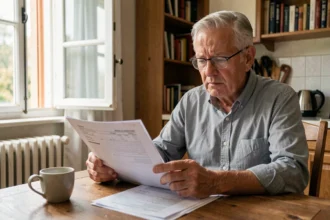 Retraité français examinant des documents fiscaux à la table de cuisine, illustrant la nouvelle taxe sur les retraites