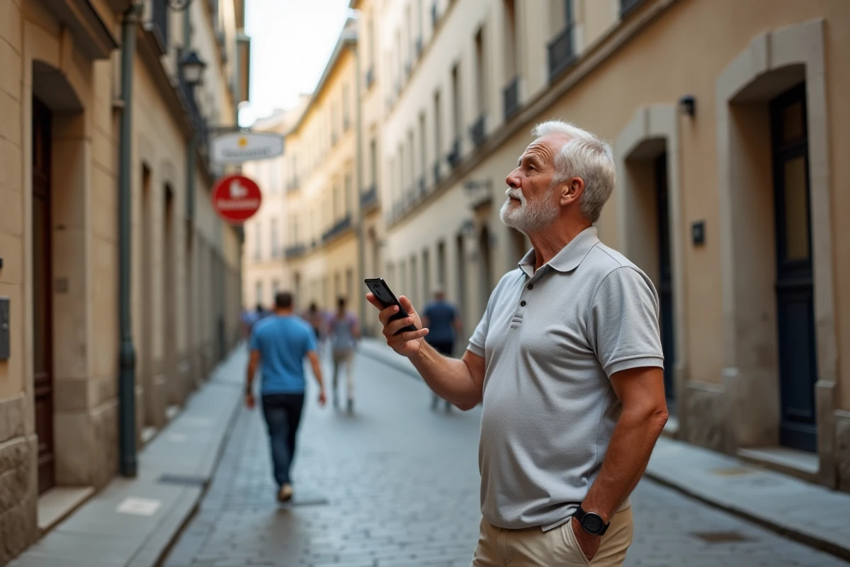 Homme retraité en visite dans une rue pavée d'une ville française, consultant son smartphone pour évaluer un quartier dans le cadre de son projet de déménagement à la retraite