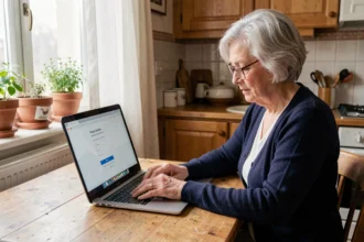 Retraitée senior connectée au kiosque des retraités Orange sur son ordinateur portable dans sa cuisine