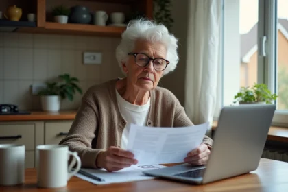 Femme retraitée concentrée sur ses papiers de pension