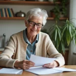 Femme retraitée souriante lisant des papiers dans sa cuisine