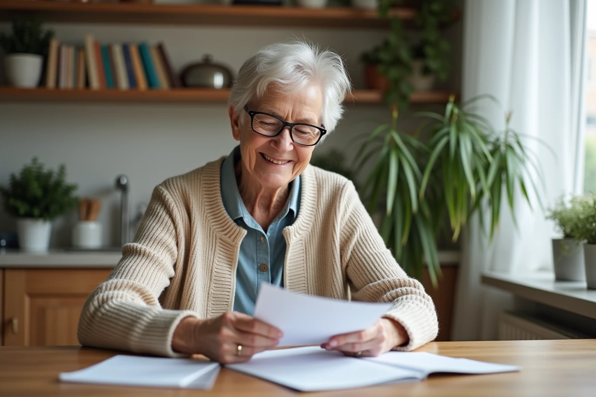 Femme retraitée souriante lisant des papiers dans sa cuisine