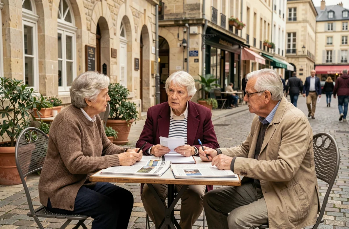 Groupe de retraités discutant de la réforme fiscale autour d'une table de café en France