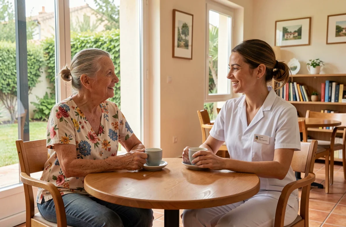 Résidente senior et membre du personnel partageant un café dans le salon commun moderne d'une résidence seniors à Nîmes