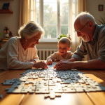 Salon familial avec un couple age et un enfant faisant un puzzle