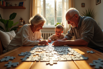 Salon familial avec un couple age et un enfant faisant un puzzle