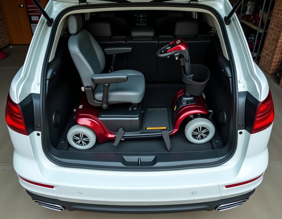 Scooter électrique PMR démonté et rangé dans le coffre d'un break avec sangles et mousse de protection