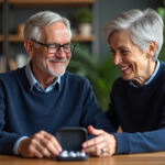 Homme age souriant avec sa fille et aides auditives
