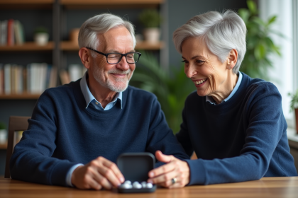 Homme age souriant avec sa fille et aides auditives