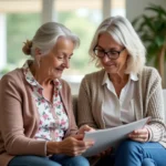 Femme senior et fille consultent brochure dans EHPAD Nîmes