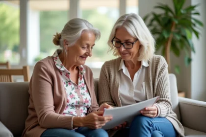 Femme senior et fille consultent brochure dans EHPAD Nîmes