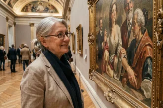 Senior femme découvrant une peinture impressionniste dans un musée parisien gratuit
