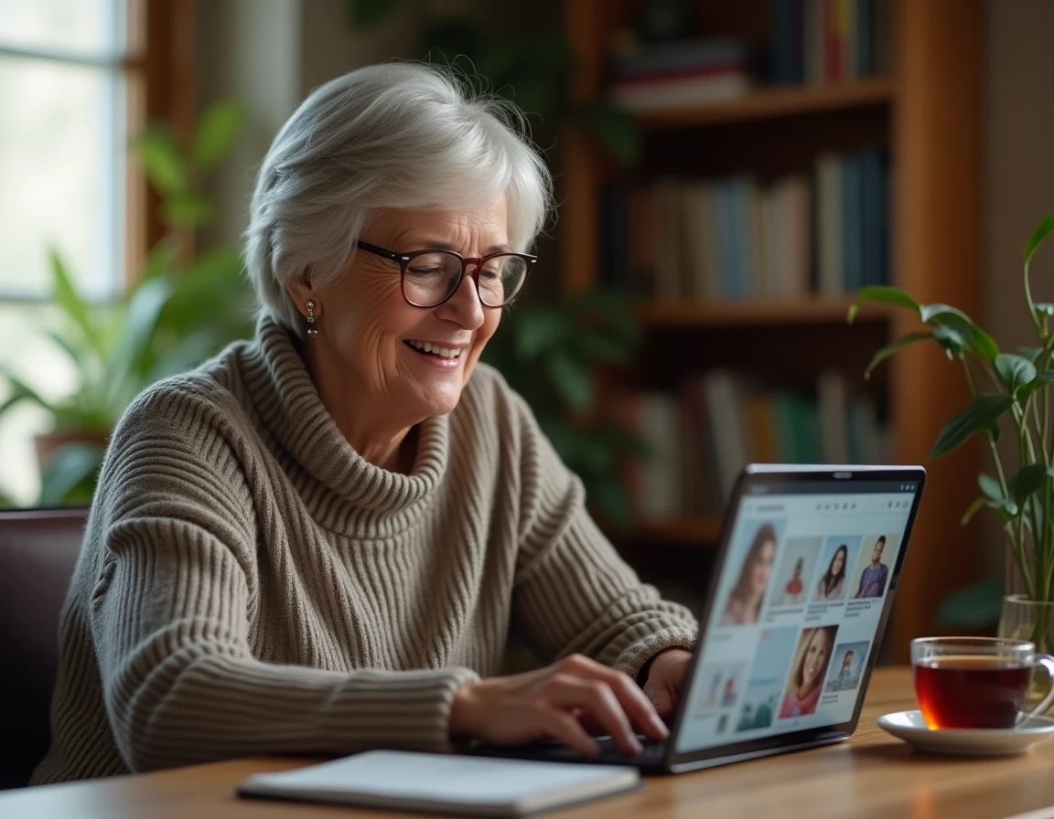 Femme senior souriante utilisant une tablette pour rejoindre un réseau de rencontres amicales en ligne depuis son domicile