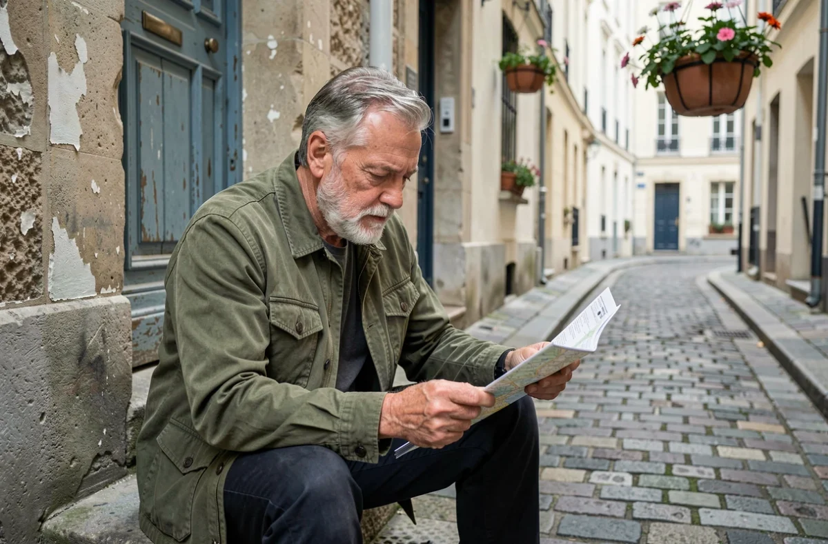 Senior homme consultant une carte dans une ruelle cachée de Paris