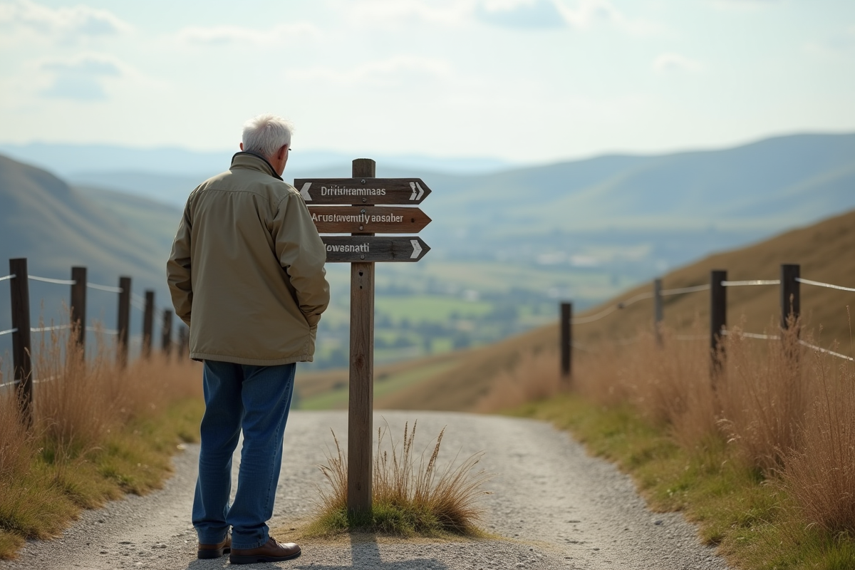 Un homme âgé regarde un panneau de randonnée à la campagne