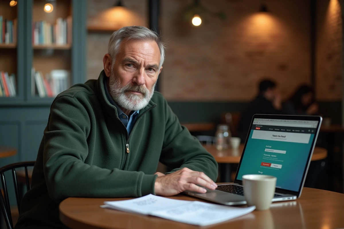 Homme senior de 63 ans cherchant un emploi sur ordinateur portable dans un café, pesant les avantages du CDI senior après 60 ans