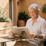 Senior femme lisant en terrasse d'une résidence services à Nîmes avec architecture méditerranéenne en arrière-plan