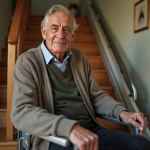 Homme âgé assis près d'un monte-escalier moderne dans une maison chaleureuse