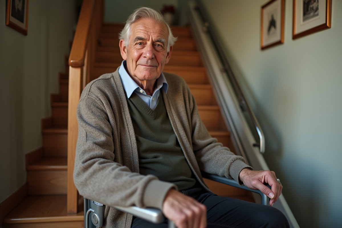 Homme âgé assis près d'un monte-escalier moderne dans une maison chaleureuse