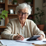 Femme âgée souriante à la maison avec papiers et calculatrice