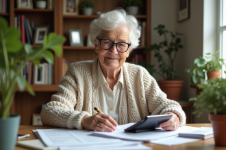 Femme âgée souriante à la maison avec papiers et calculatrice