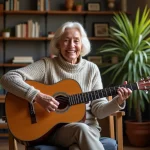 Seniorelle souriante jouant de la guitare dans un salon chaleureux