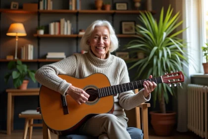 Seniorelle souriante jouant de la guitare dans un salon chaleureux