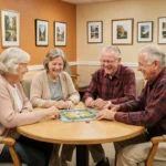 Groupe de seniors jouant à un jeu de société dans un club convivial et accessible