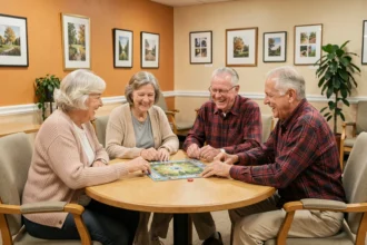 Groupe de seniors jouant à un jeu de société dans un club convivial et accessible