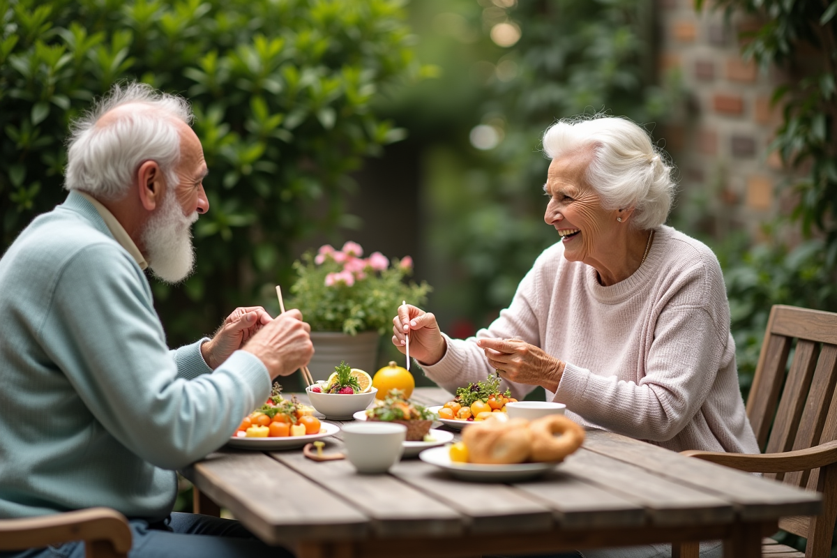 Couple de seniors partageant un repas dans le jardin