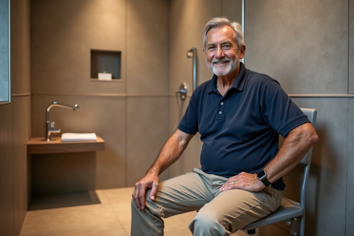 Homme âgé assis sur un siège de douche rabattable dans une salle de bain accessible rénovée pour personnes âgées