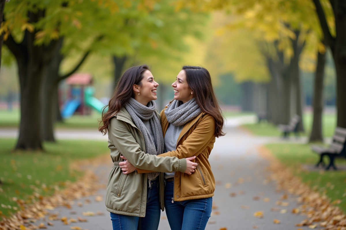 Deux soeurs souriantes dans un parc verdoyant