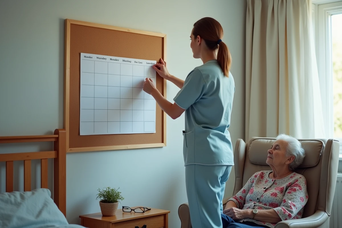 Aide-soignante installant un planning hebdomadaire sur un tableau liège dans la chambre d'une personne âgée atteinte de démence débutante, approche respectueuse et non infantilisante