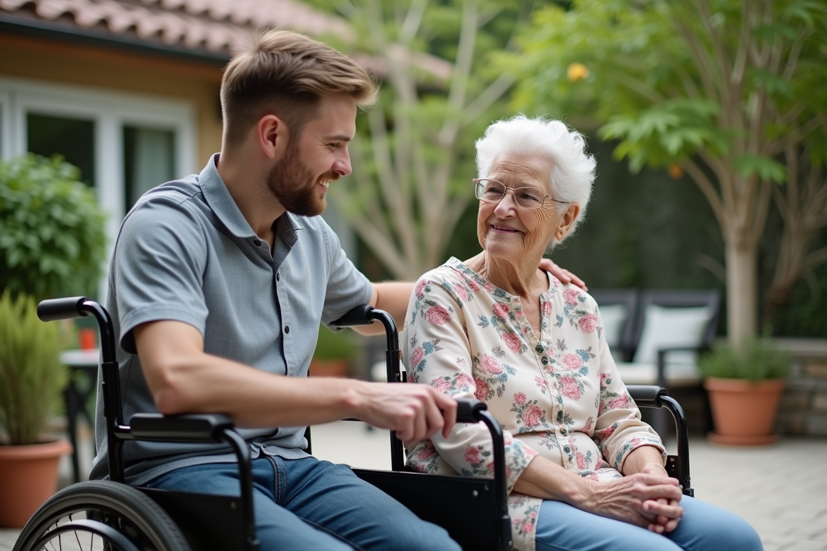Femme en fauteuil avec un jeune homme dans un jardin en extérieur
