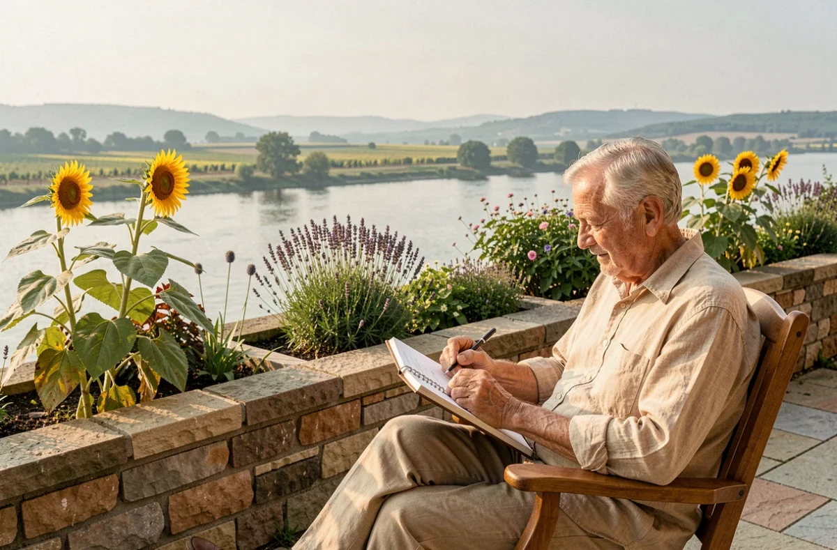 Terrasse jardin de la résidence autonomie Soleil de Loire à Chalonnes-sur-Loire avec vue sur la Loire