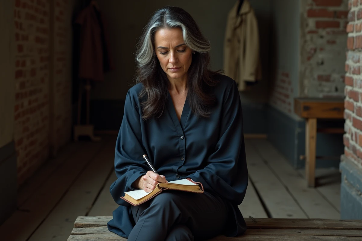 Artiste féminine mature écrivant dans un carnet en coulisses, ambiance intime et reflet sur le passage du temps