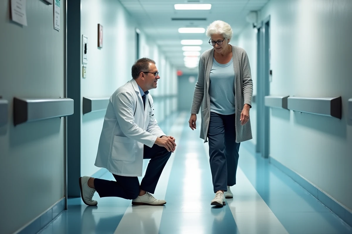 Médecin gériatre observant la démarche d'une patiente âgée lors de l'analyse de marche du test de Tinetti en couloir hospitalier