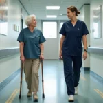 Physiothérapeute observant une patiente âgée réaliser un test de marche TUG en couloir de rééducation clinique