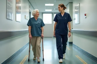 Physiothérapeute observant une patiente âgée réaliser un test de marche TUG en couloir de rééducation clinique