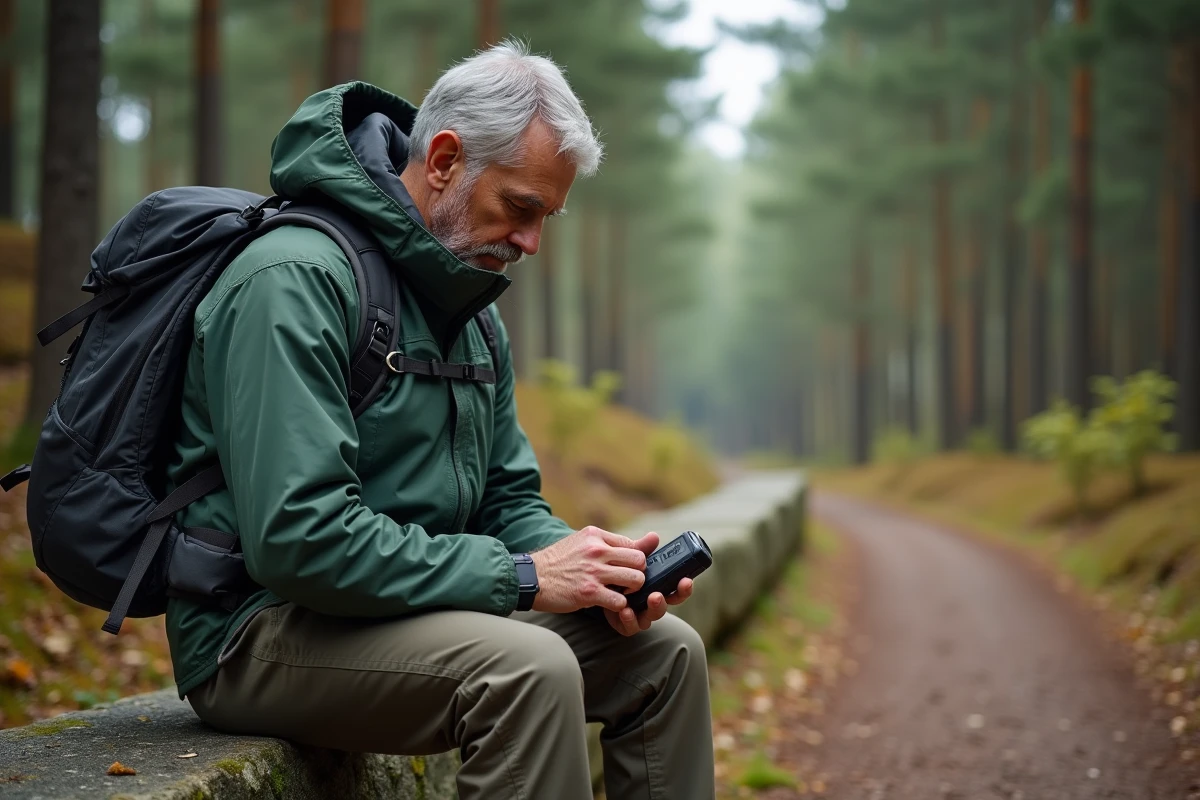Randonneur fixant un traceur GPS avec détection de chute sur son sac à dos en forêt